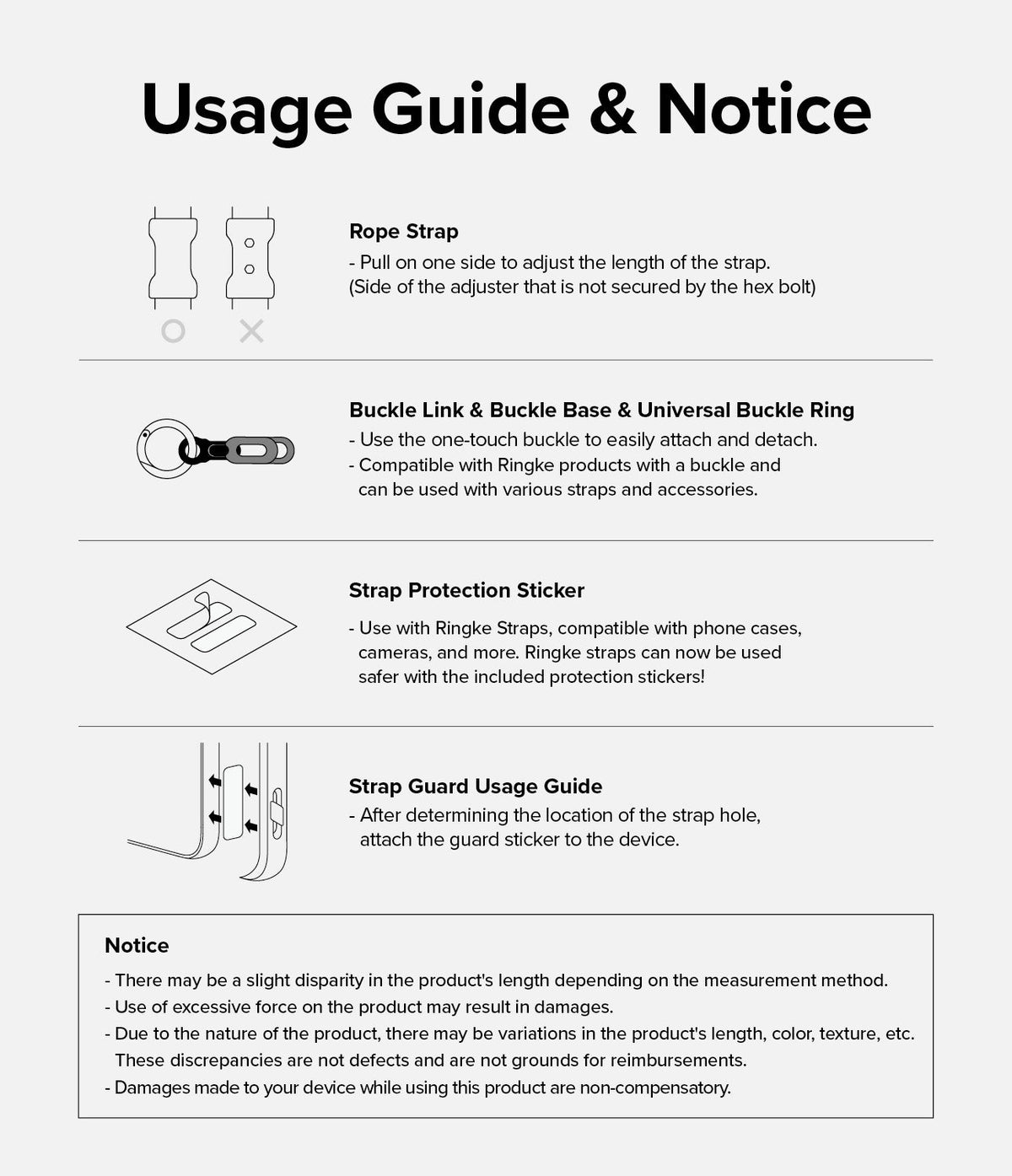 Rope Hand Strap - Instructional guide showing how to adjust, attach, and protect the strap with stickers and buckles.