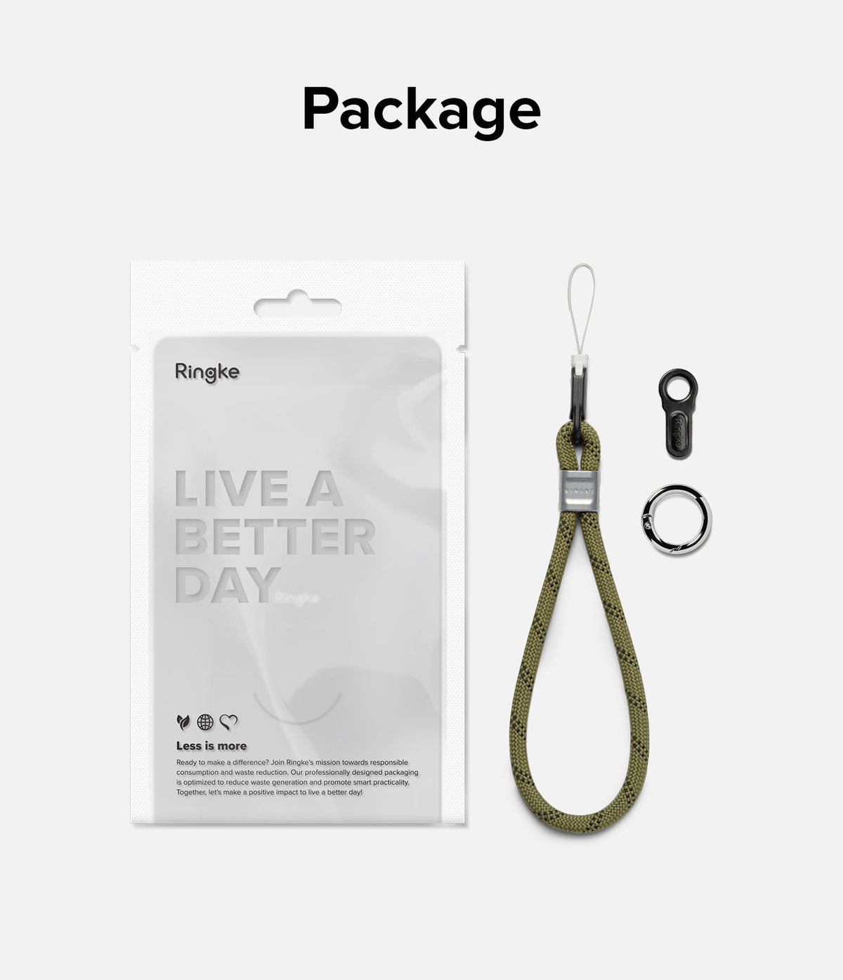 Rope Hand Strap - Olive green rope wrist strap with metal accessories and branded retail packaging.