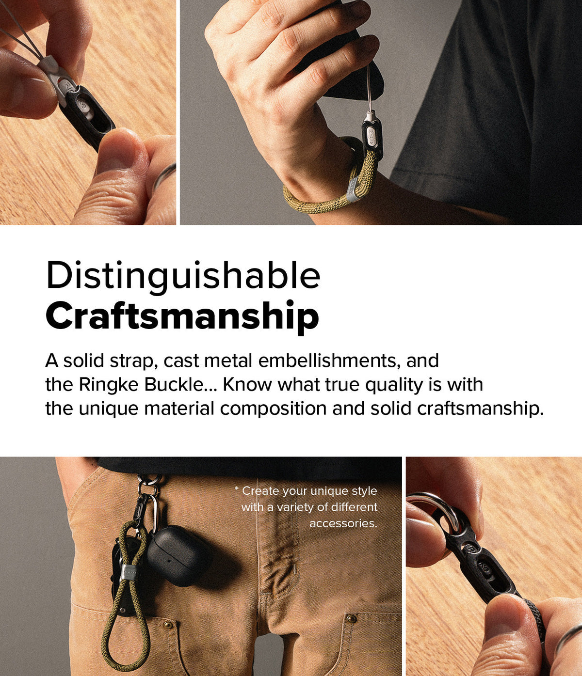Rope Hand Strap - Hands attaching a durable, braided rope wrist strap with a metal buckle to a phone and accessories.