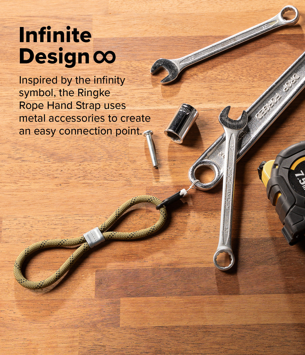 Rope Hand Strap - Olive green infinity-shaped rope strap attached to a metal wrench on a wooden workbench with tools.