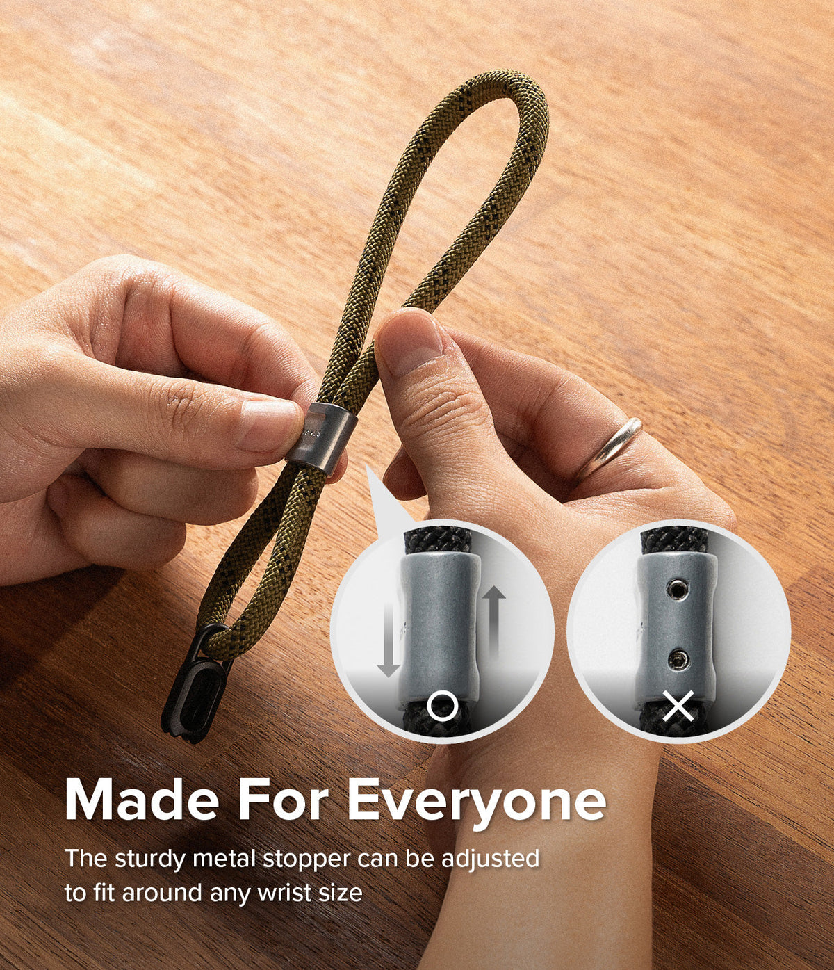 Rope Hand Strap - Hands adjusting a green rope strap with a metal stopper, showing correct and incorrect alignment.