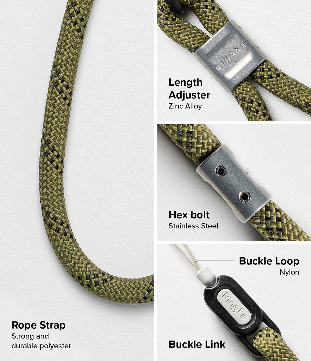 Rope Hand Strap - Olive green polyester rope strap with zinc alloy adjuster, stainless steel hex bolt, and buckle link.