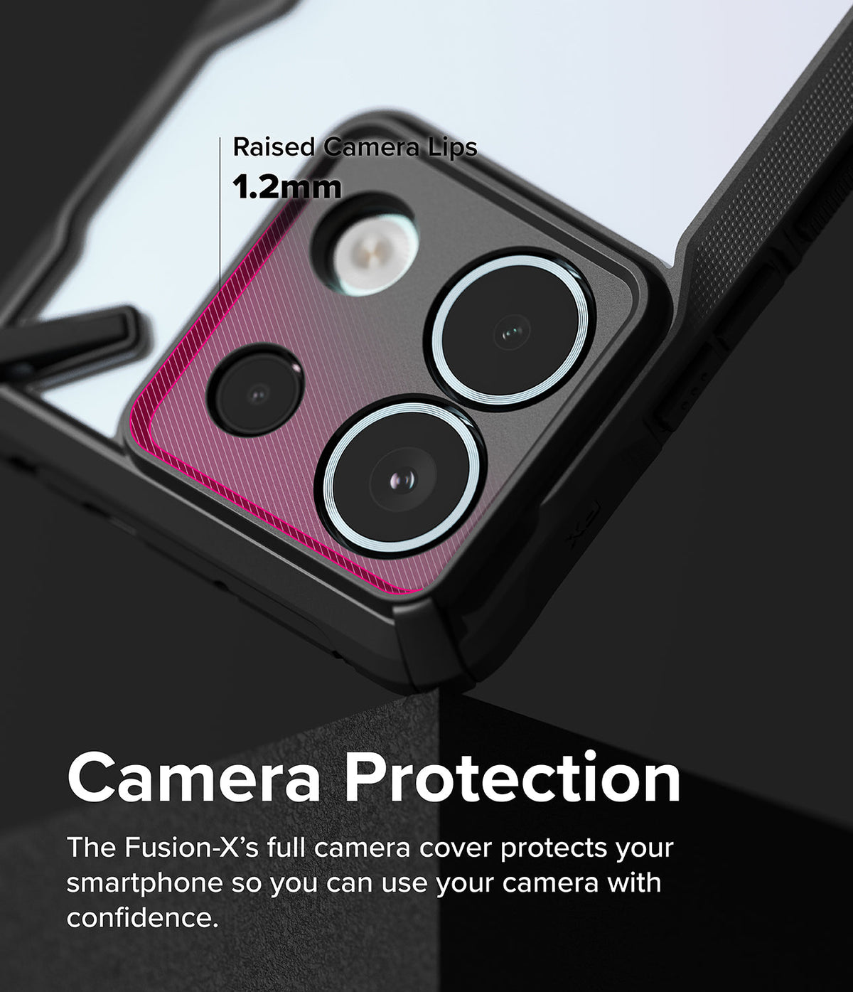Xiaomi Redmi Note 13 Pro / Poco X6 Case | Fusion-X - Close-up of phone case highlighting 1.2mm raised camera protection.