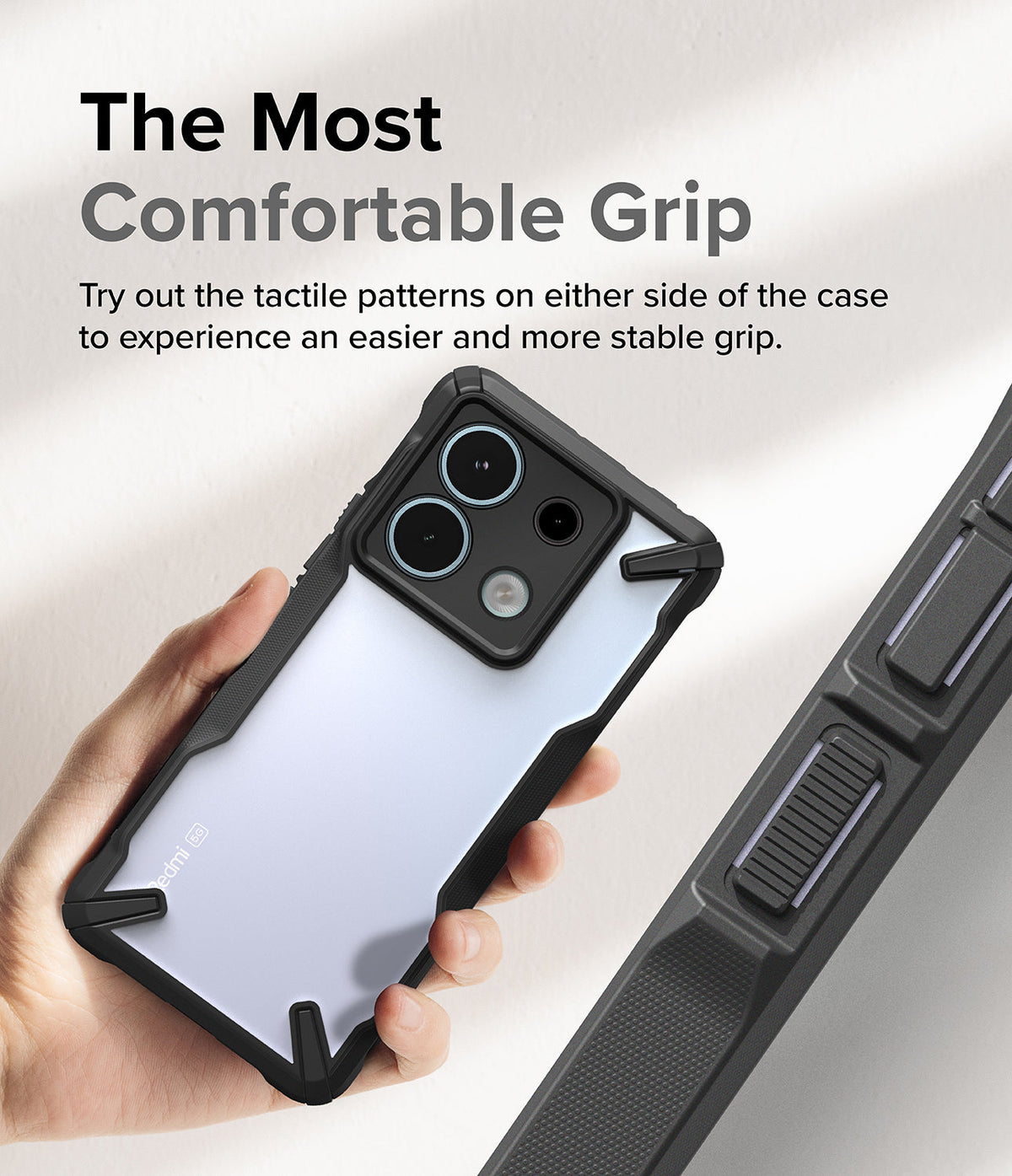 Xiaomi Redmi Note 13 Pro / Poco X6 Case | Fusion-X - Hand holding a phone in a black protective case with textured sides.