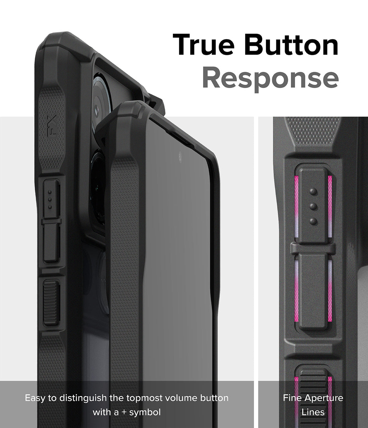 Xiaomi Redmi Note 13 Pro / Poco X6 Case | Fusion-X - Close-up of phone case buttons with tactile + symbol and lines.
