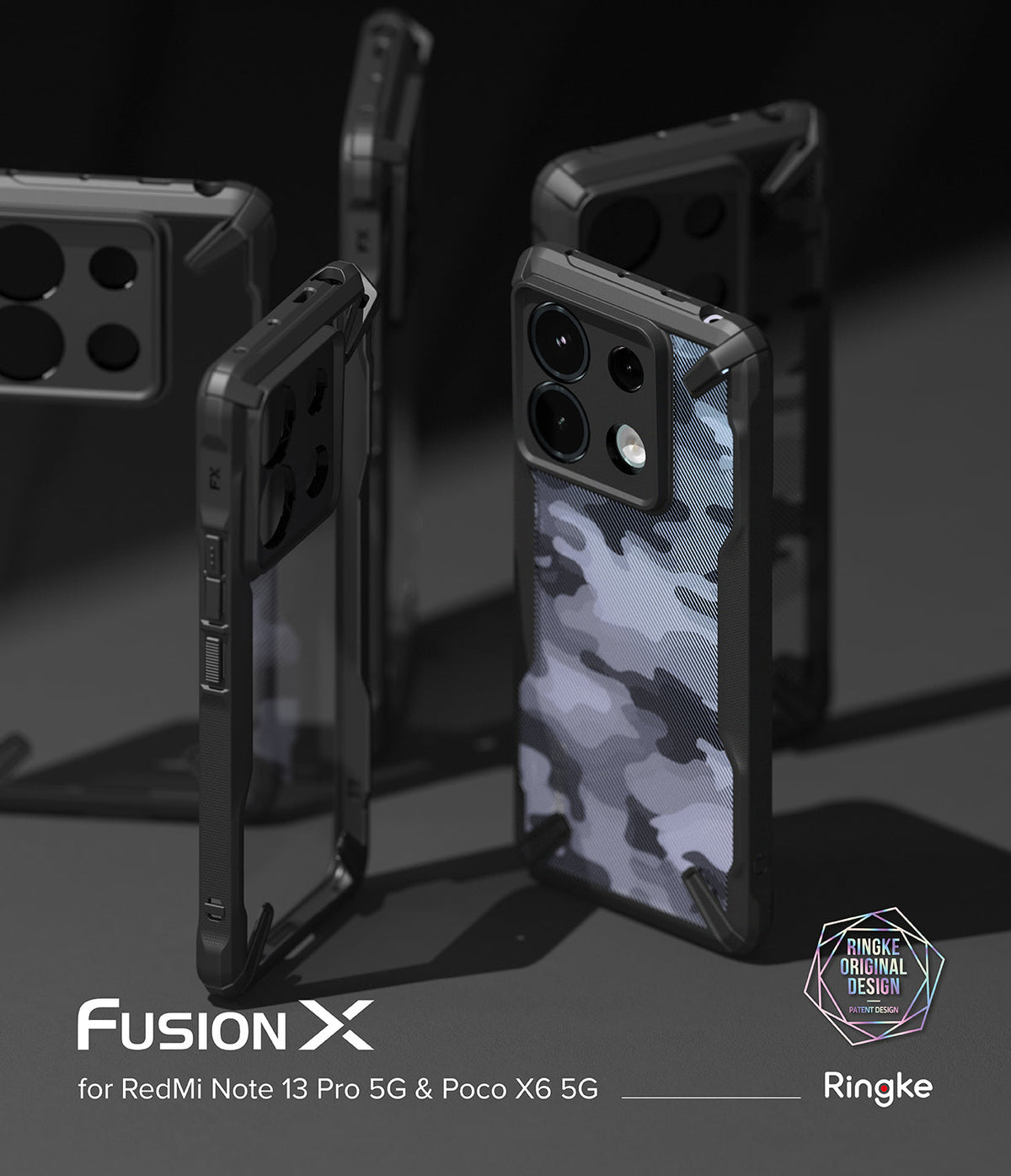 Xiaomi Redmi Note 13 Pro / Poco X6 Case | Fusion-X - Multiple black Fusion-X phone cases with grey camo back panels.