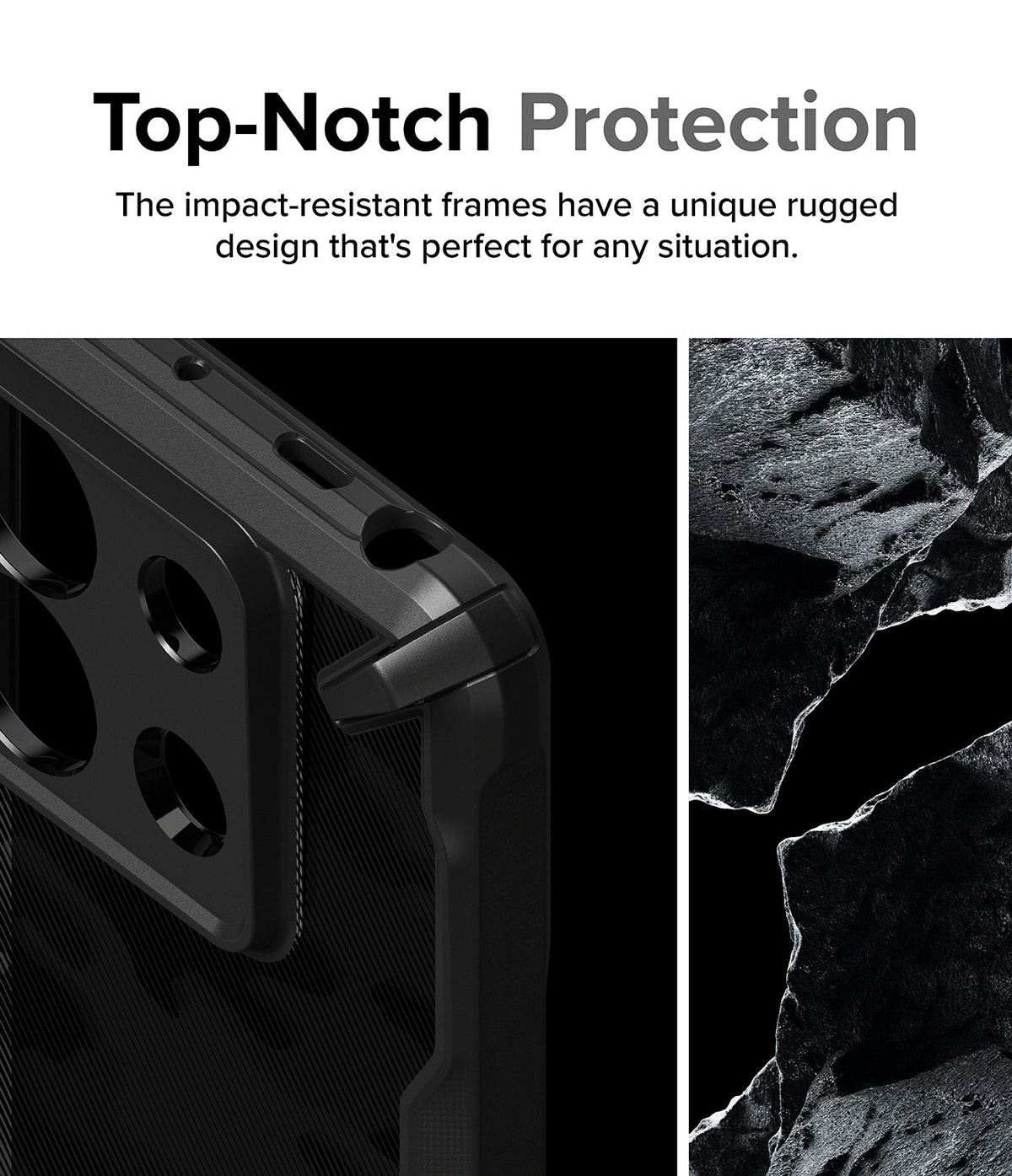 Xiaomi Redmi Note 13 Pro / Poco X6 Case | Fusion-X - Close-up of a rugged black phone case corner next to dark rock.