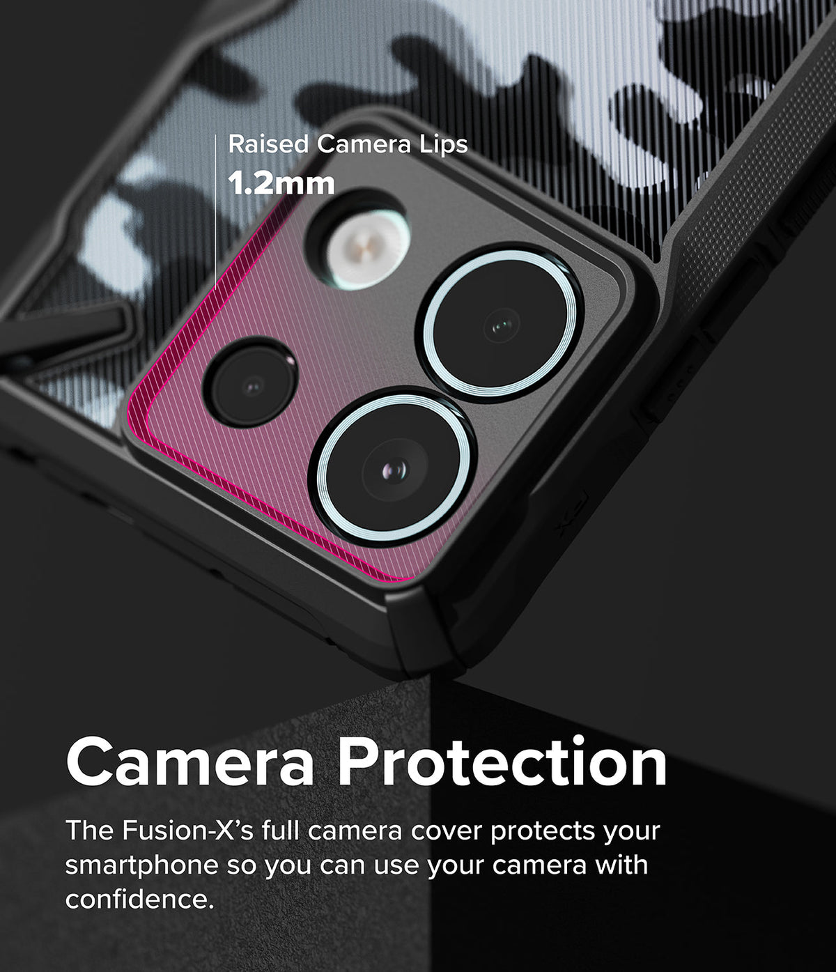 Xiaomi Redmi Note 13 Pro / Poco X6 Case | Fusion-X - Close-up of phone case showing 1.2mm raised camera protection.