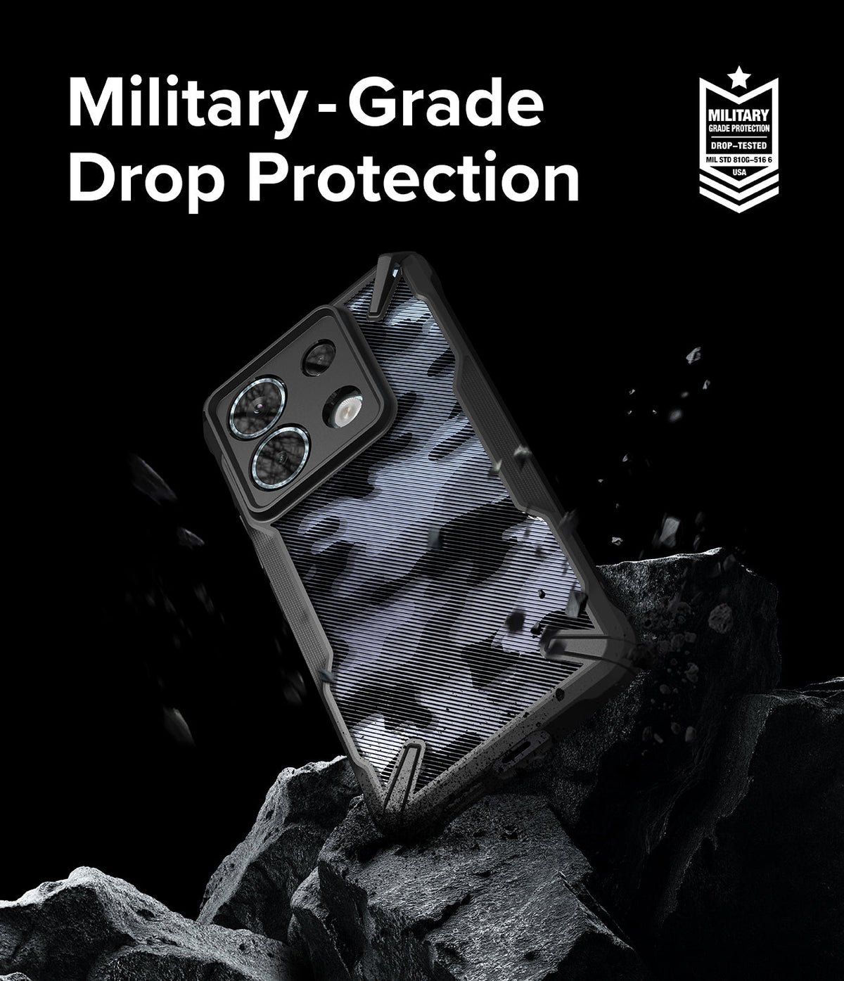 Xiaomi Redmi Note 13 Pro / Poco X6 Case | Fusion-X - Camo phone case on jagged rocks with military-grade protection text.