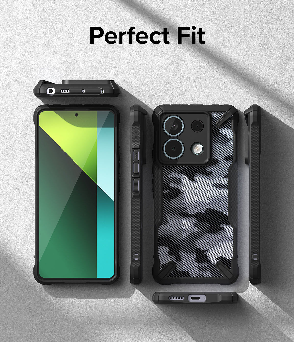 Xiaomi Redmi Note 13 Pro / Poco X6 Case | Fusion-X - Black camouflage phone case shown from front, back, and sides.