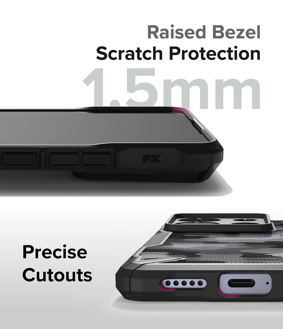 Xiaomi Redmi Note 13 Pro / Poco X6 Case | Fusion-X - Close-up of phone case showing 1.5mm raised bezel and precise cutouts.