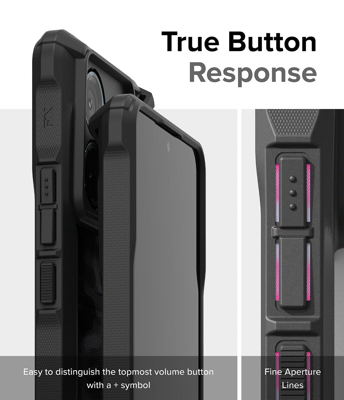 Xiaomi Redmi Note 13 Pro / Poco X6 Case | Fusion-X - Close-up of phone case buttons with tactile symbols and pink accents.