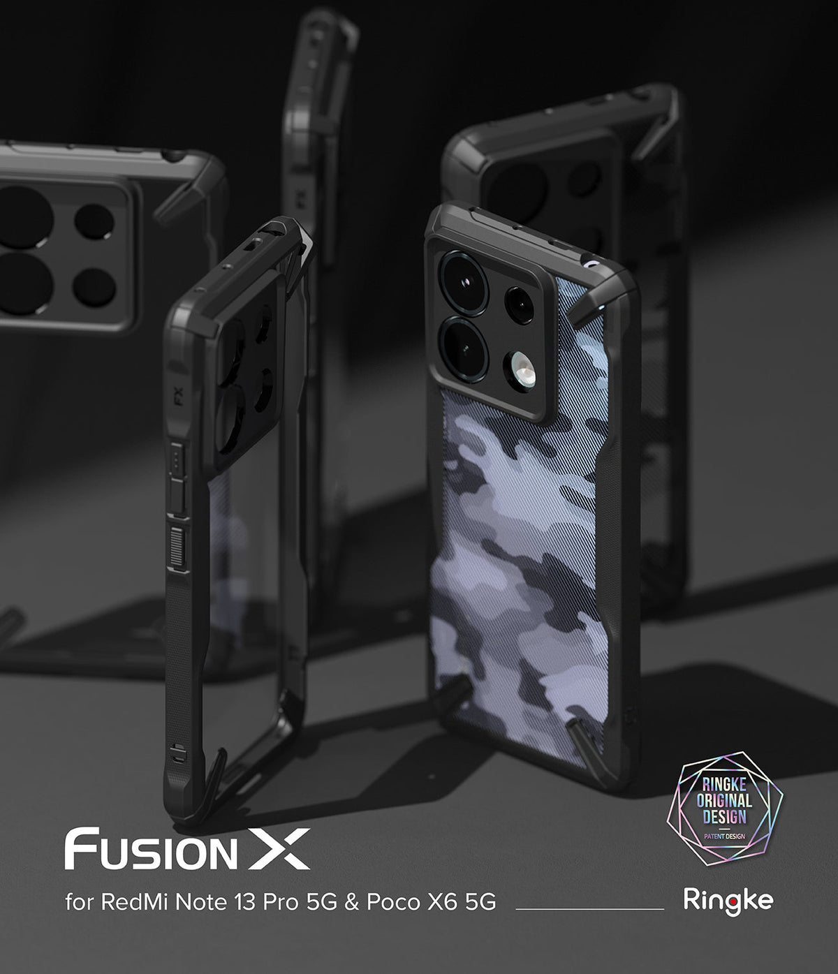 Xiaomi Redmi Note 13 Pro / Poco X6 Case | Fusion-X - Multiple black Fusion-X phone cases with camo back panels.
