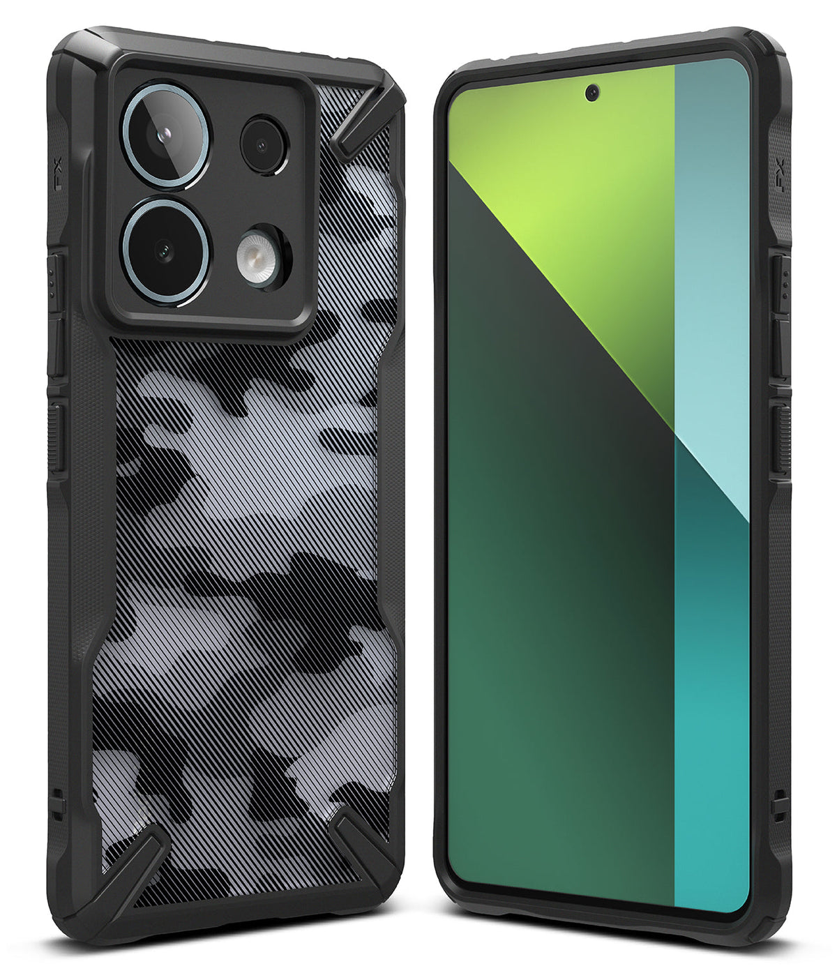Xiaomi Redmi Note 13 Pro / Poco X6 Case | Fusion-X - Rugged black phone case with a gray camo back and front view.