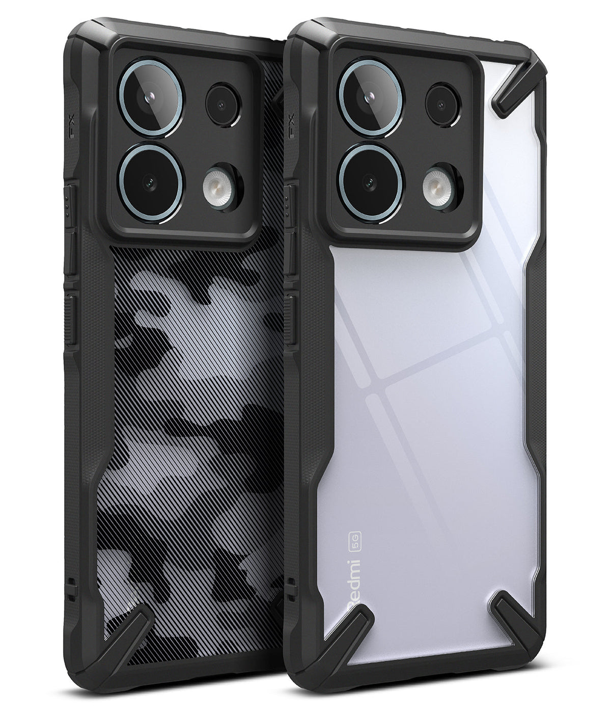 Xiaomi Redmi Note 13 Pro / Poco X6 Case | Fusion-X - Two rugged black phone cases with camo and clear back panels.