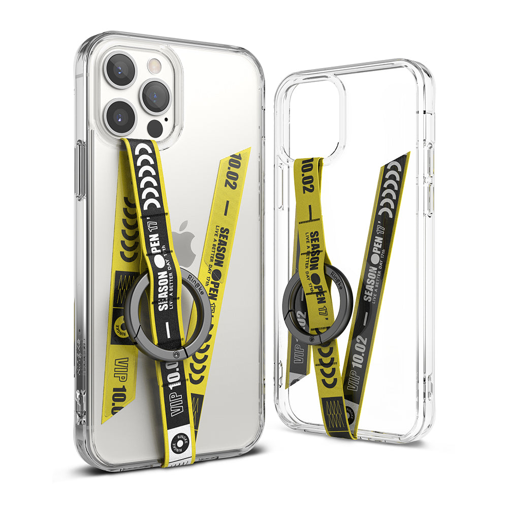 Ring Band Strap - Two clear phone cases featuring a yellow decorative strap with black text and a circular metal ring.