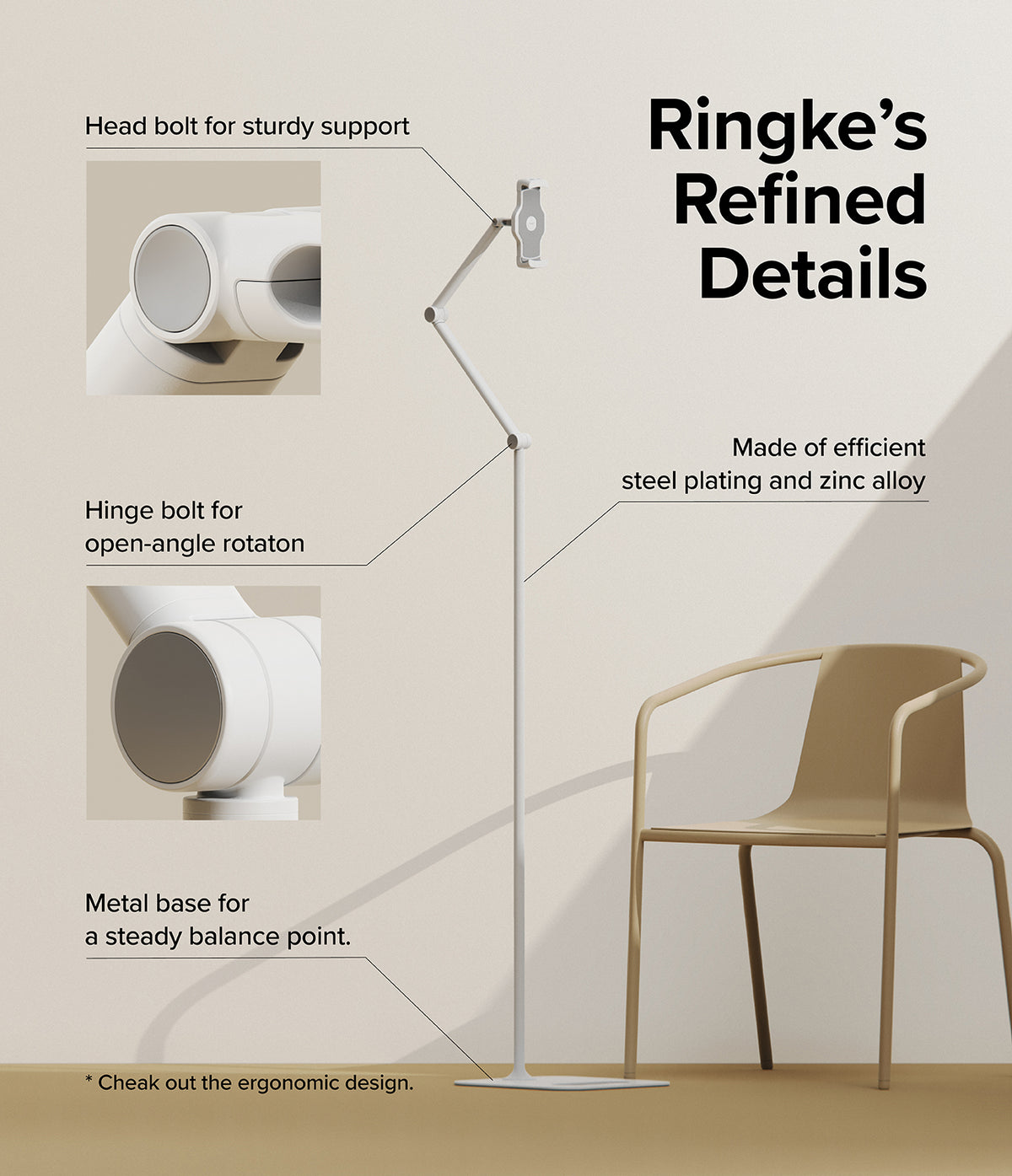 Ringke Stand Floor Holder - White adjustable floor stand with close-up callouts highlighting hinge, bolt, and base details.