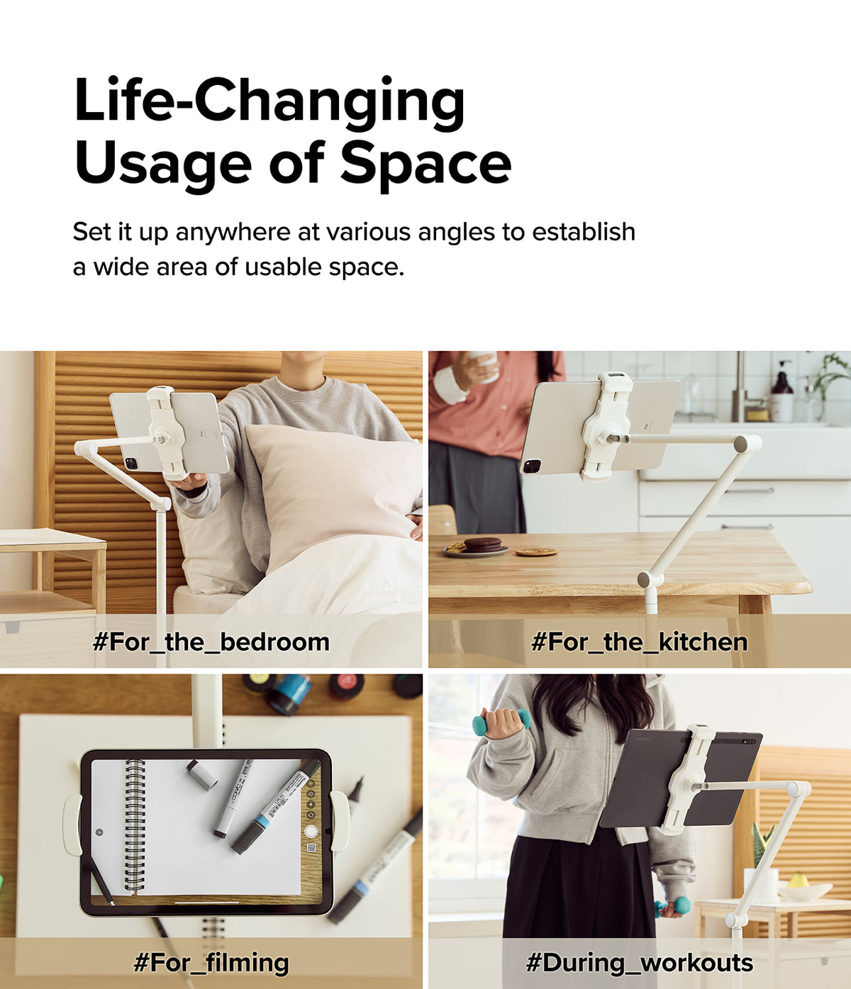 Ringke Stand Floor Holder - Four panels showing a tablet stand used in a bedroom, kitchen, for filming, and during workouts.