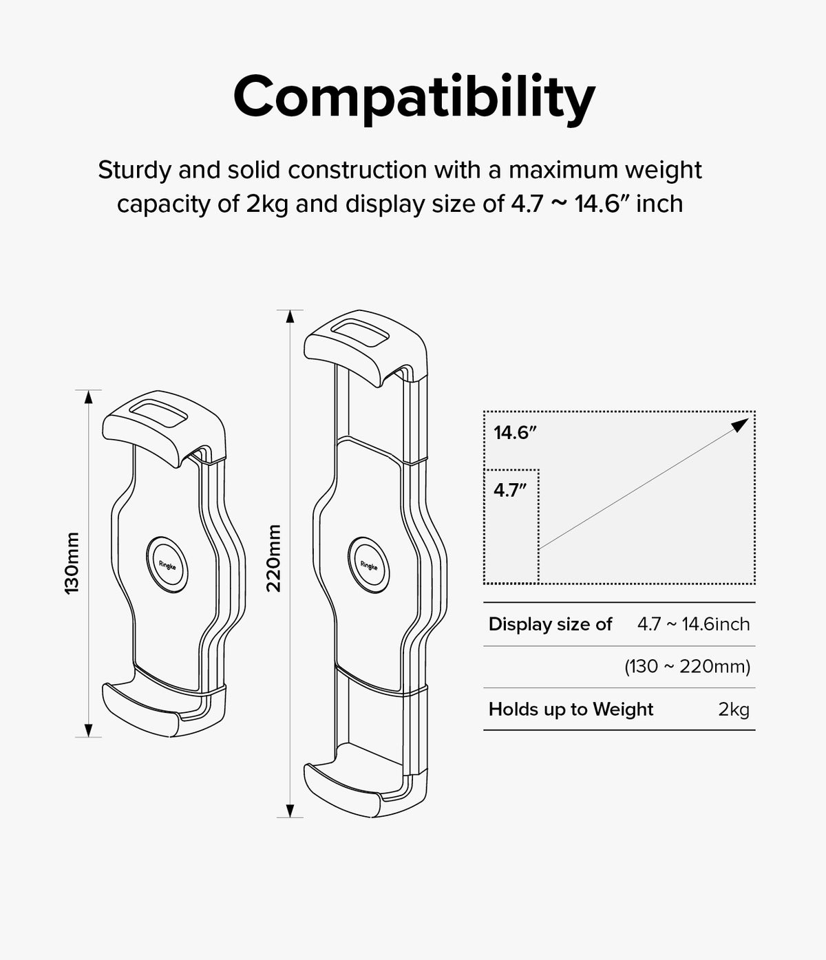 Ringke Stand Floor Holder - Technical diagram showing adjustable clamp sizes from 130mm to 220mm for 4.7-14.6 inch devices.