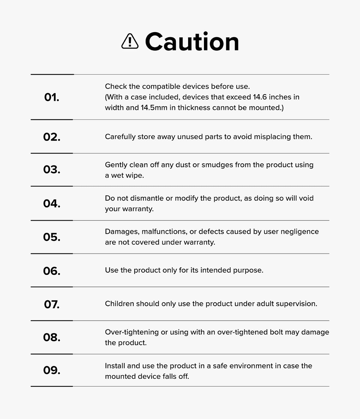 Ringke Stand Floor Holder - A numbered list of nine safety precautions for using the floor stand holder.