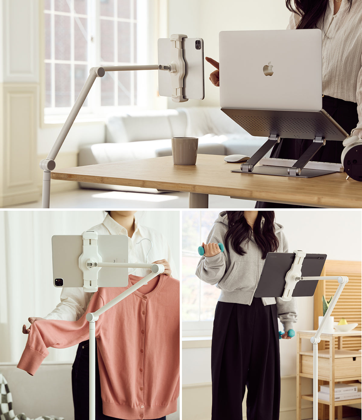 Ringke Stand Floor Holder - Adjustable white floor stand holding a tablet for desk work, clothing display, and exercise.
