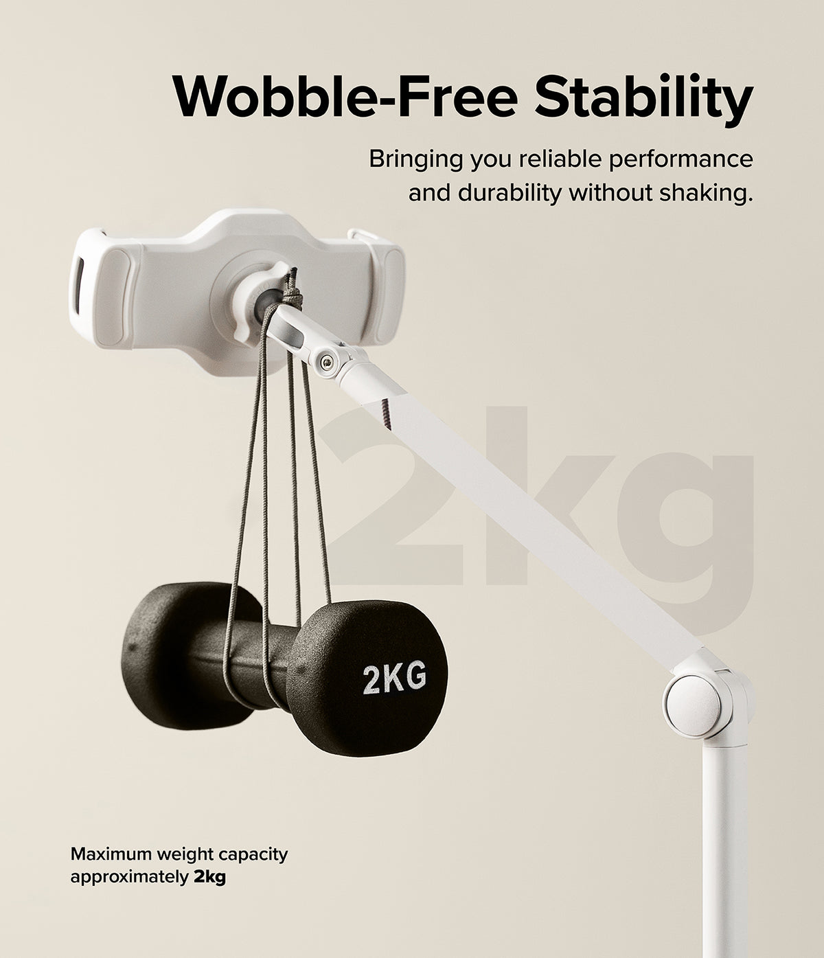 Ringke Stand Floor Holder - White adjustable stand holding a 2kg dumbbell to demonstrate stability and weight capacity.