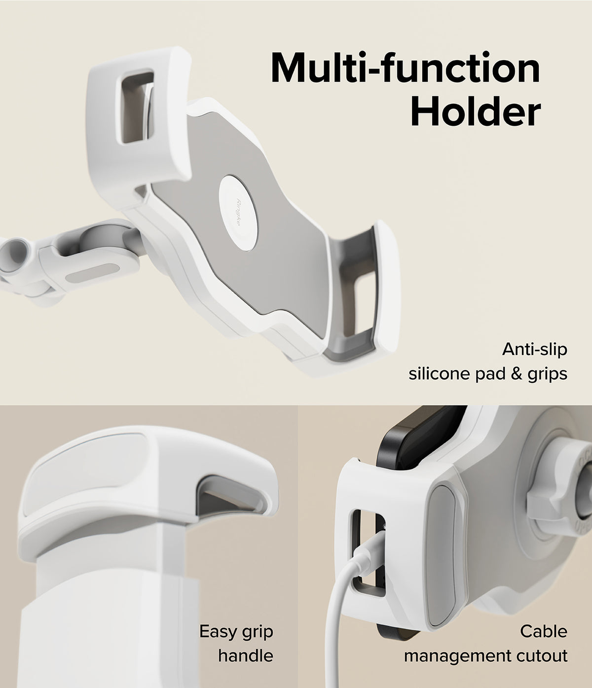 Ringke Stand Floor Holder - White phone holder with silicone grips, easy-grip handle, and cable management cutout.