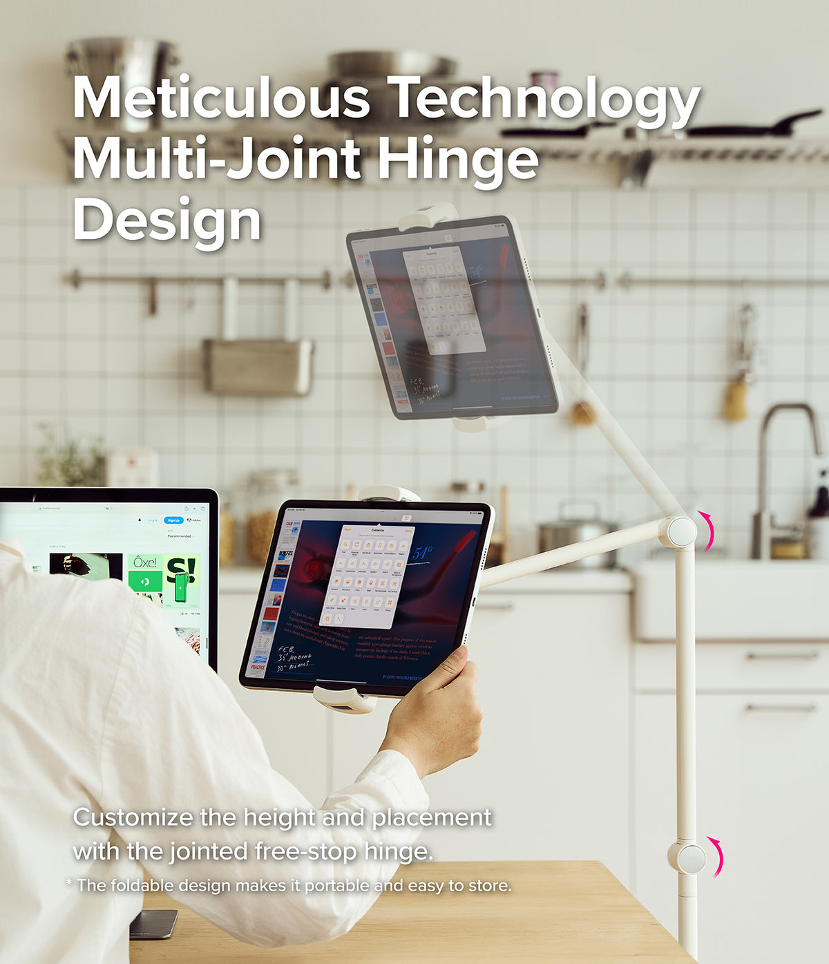 Ringke Stand Floor Holder - A person adjusts a white multi-jointed tablet stand holding a tablet in a kitchen setting.