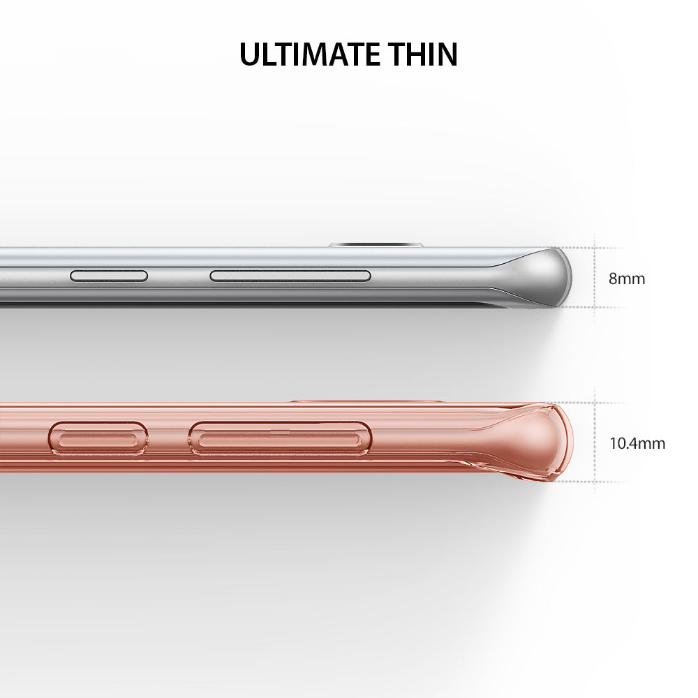 Galaxy S8 Plus Case | Air - Side view comparing a bare 8mm phone to a 10.4mm phone with a rose gold thin protective case.