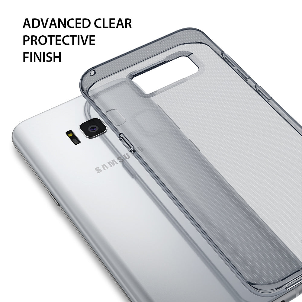 Galaxy S8 Plus Case | Air - A transparent, smoke-black protective phone case hovering above a silver Galaxy S8 Plus smartphone.