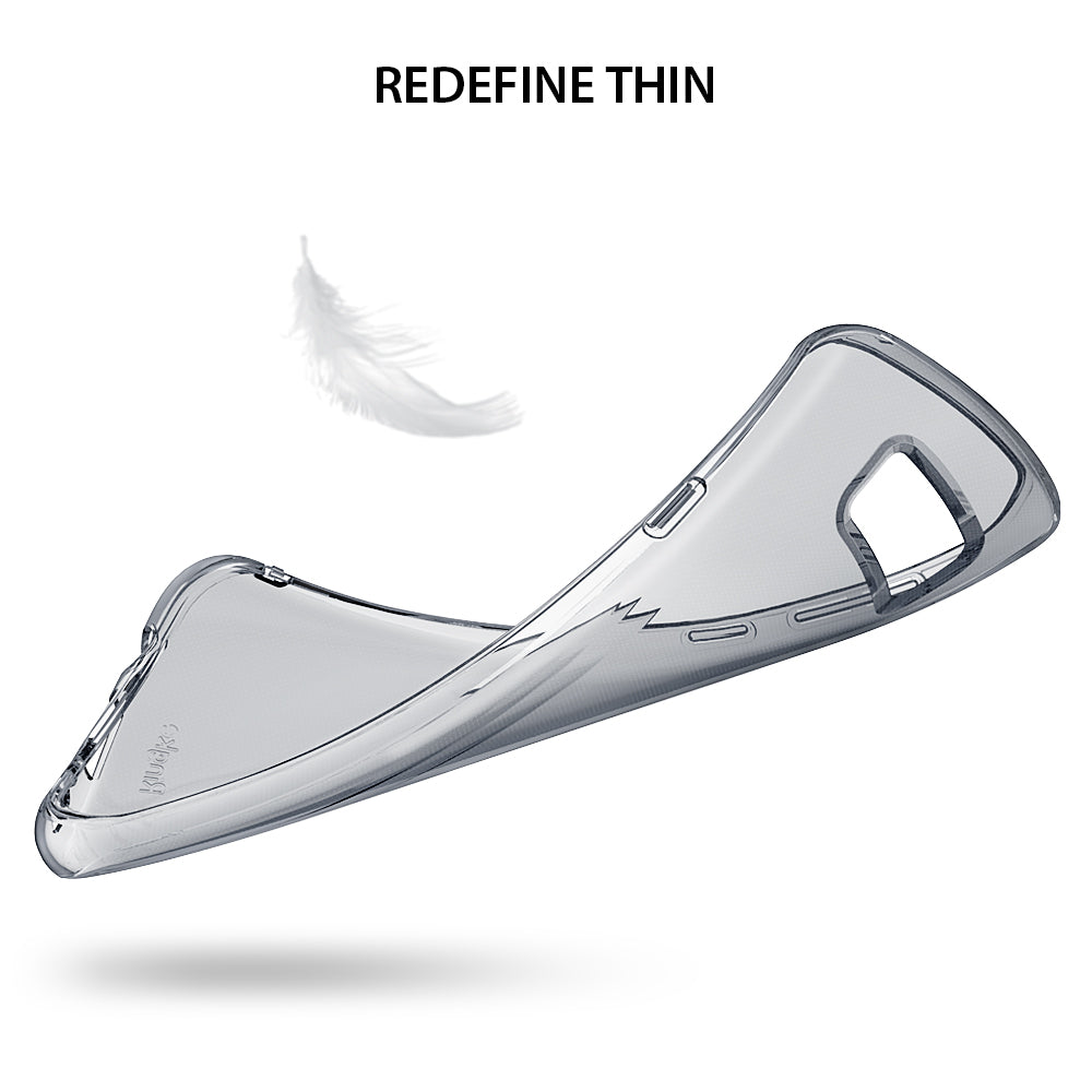 Galaxy S8 Plus Case | Air - Flexible, translucent smoke black phone case floating with a white feather and text.