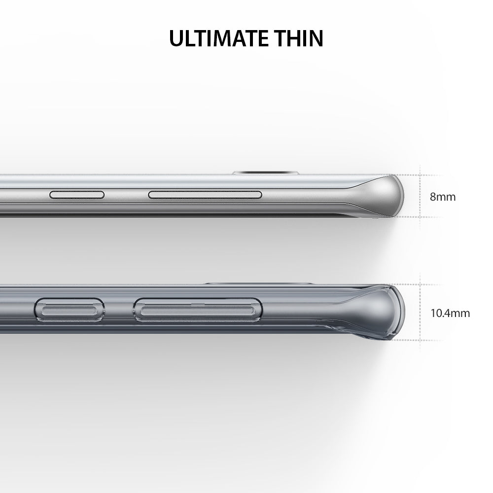 Galaxy S8 Plus Case | Air - Side-by-side comparison of a bare phone (8mm) and a phone with a thin case (10.4mm).