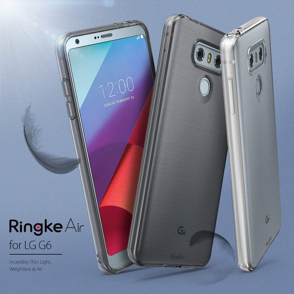 LG G6 Case | Air - Three LG G6 phones in clear, thin Ringke Air cases displayed against a blue background with feathers.