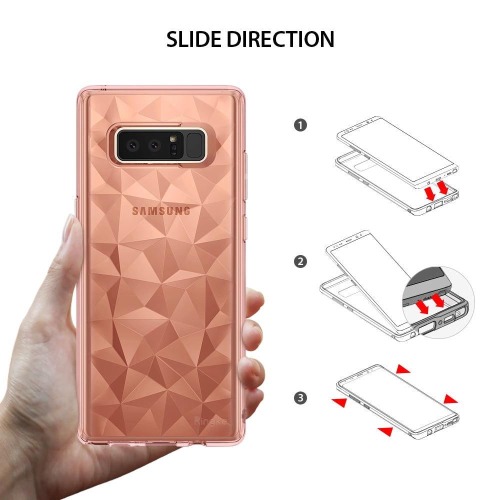 Galaxy Note 8 Case | Air Prism - Rose gold geometric phone case held by hand with three-step installation diagram.