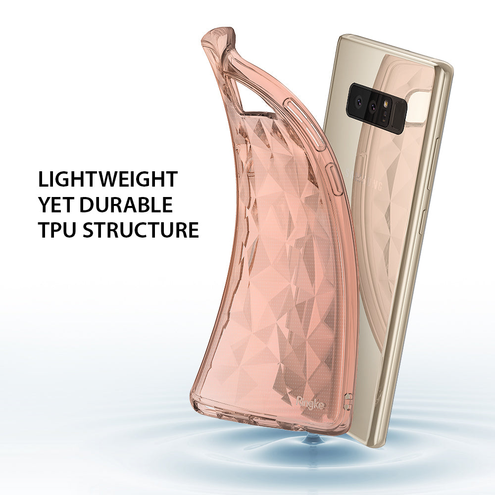 Galaxy Note 8 Case | Air Prism - Rose gold geometric TPU case peeling away from a gold Galaxy Note 8 phone.