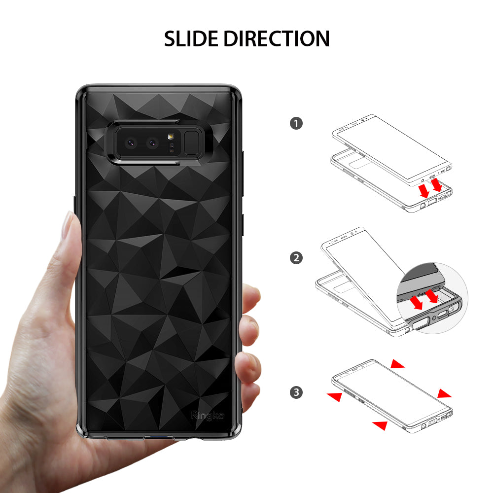 Galaxy Note 8 Case | Air Prism - Hand holding a black geometric patterned phone case with a three-step installation guide.