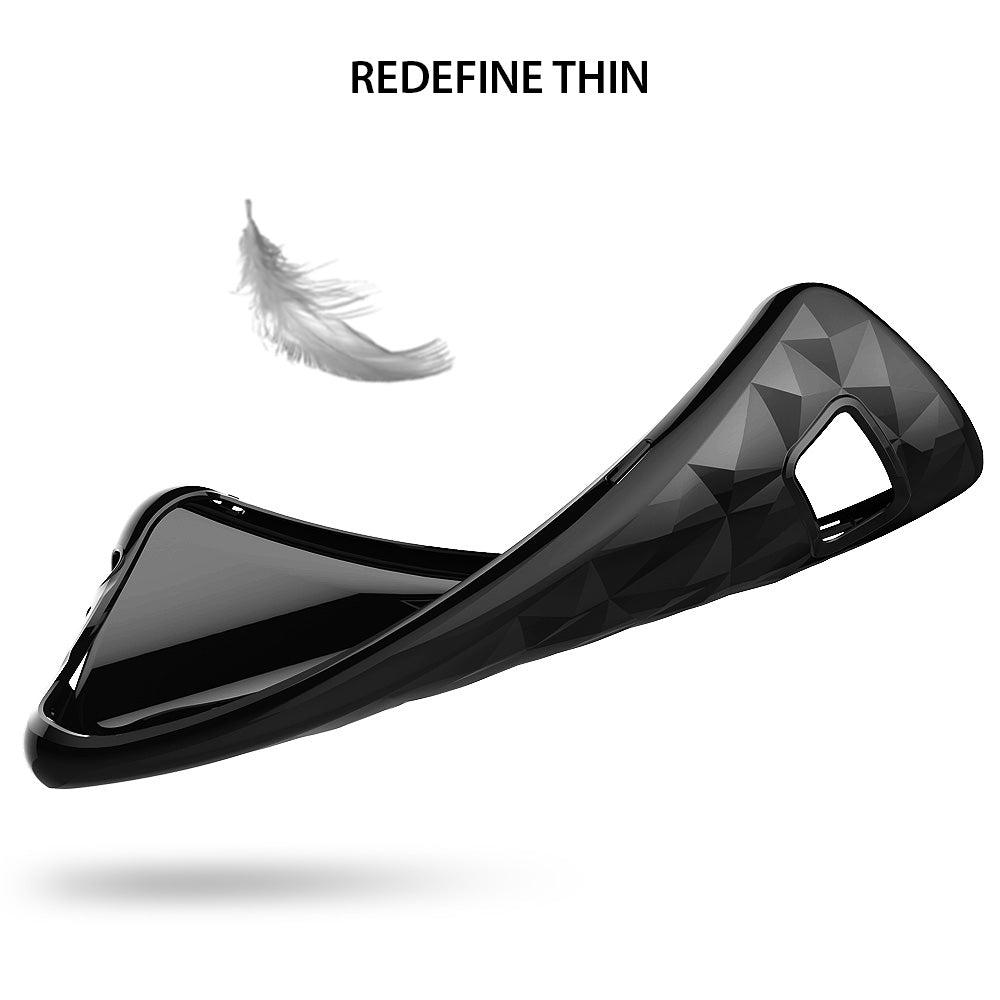 Galaxy S8 Case | Air Prism - Flexible black geometric patterned phone case floating next to a white feather.
