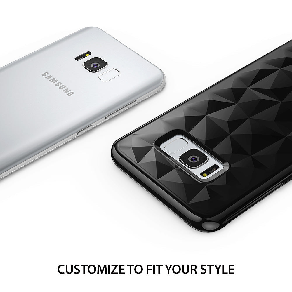 Galaxy S8 Case | Air Prism - A silver Samsung Galaxy S8 next to a black phone case with a geometric, faceted prism pattern.