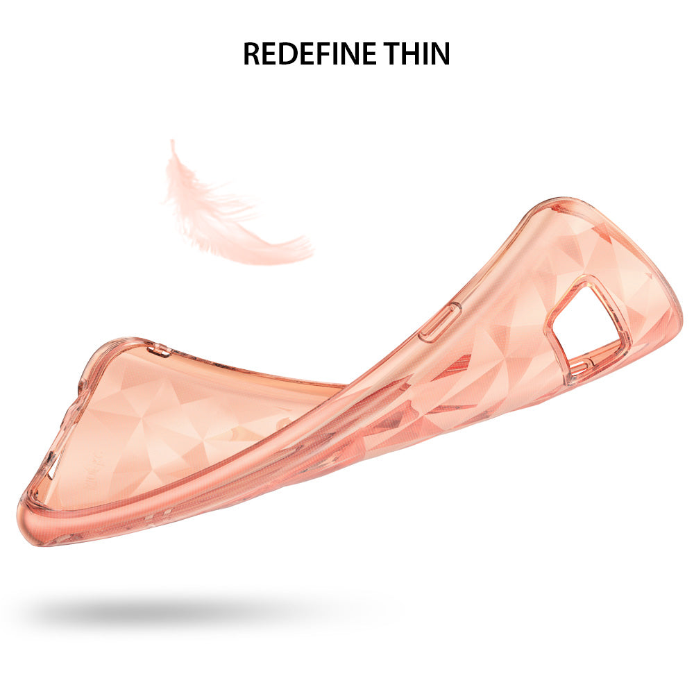 Galaxy S8 Case | Air Prism - Flexible, rose gold, geometric-patterned TPU phone case floating near a soft feather.