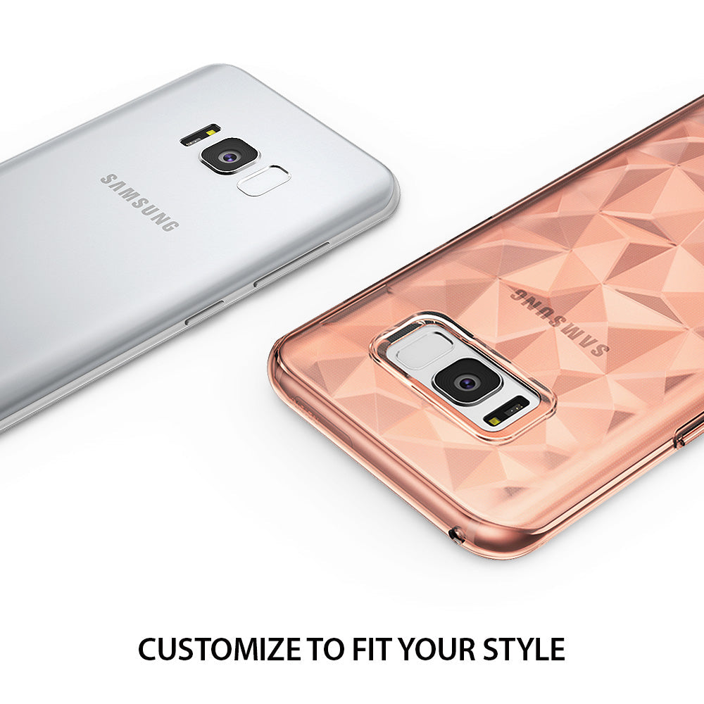 Galaxy S8 Case | Air Prism - Rose gold geometric patterned phone case on a Galaxy S8 next to a silver phone.
