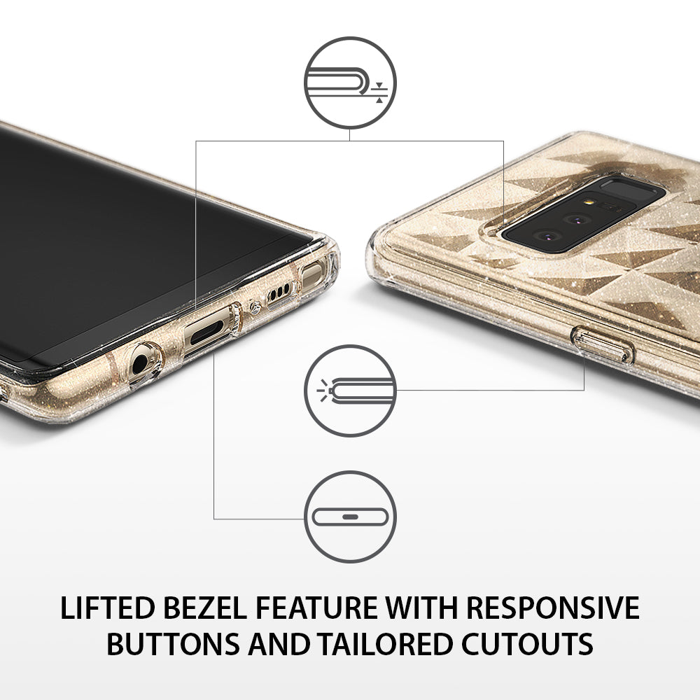 Galaxy Note 8 Case | Air Prism Glitter - Close-up of phone case showing raised bezels, responsive buttons, and cutouts.