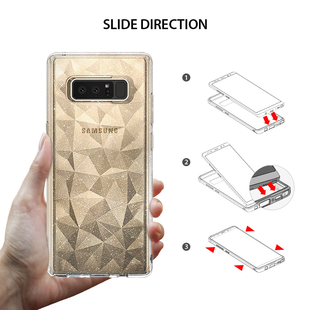 Galaxy Note 8 Case | Air Prism Glitter - Hand holding a glittery gold phone case with a three-step installation guide.