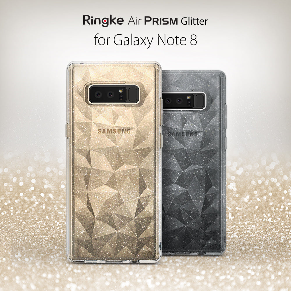 Galaxy Note 8 Case | Air Prism Glitter - Two Galaxy Note 8 phones in gold and black glitter prism-patterned cases.