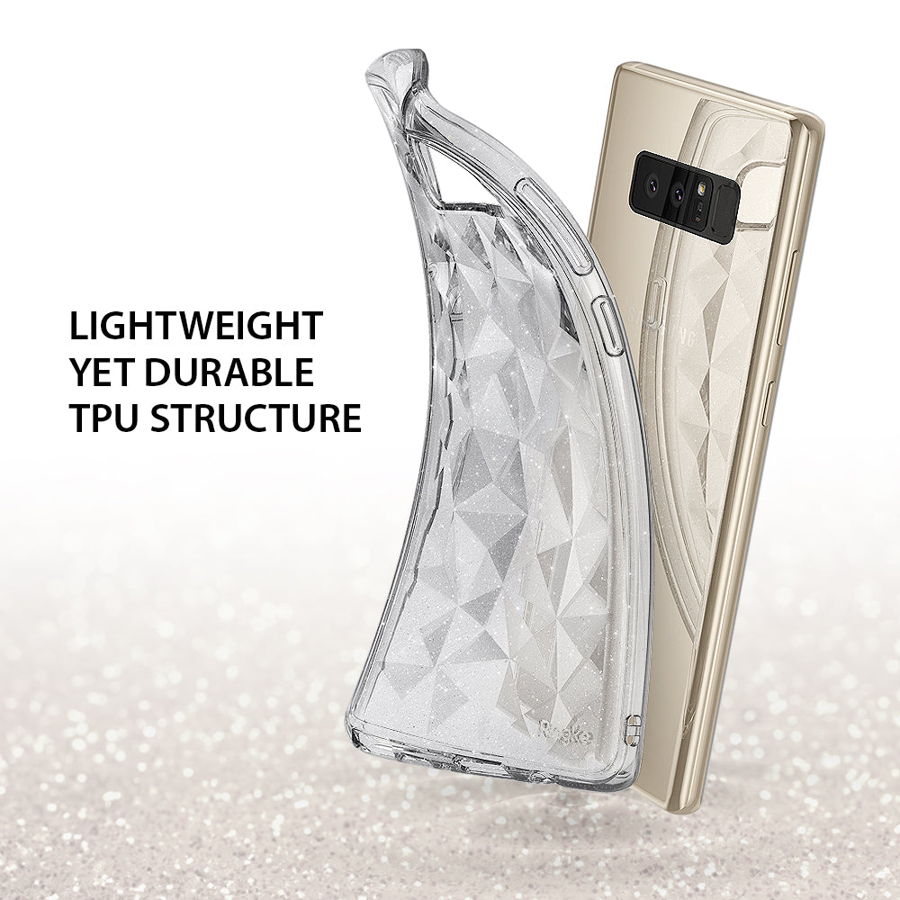 Galaxy Note 8 Case | Air Prism Glitter - Flexible clear TPU case with geometric prism texture next to a gold phone.