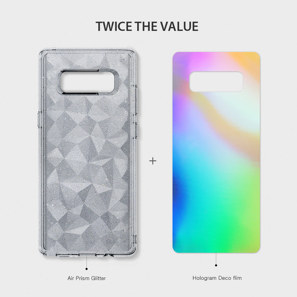 Galaxy Note 8 Case | Air Prism Glitter - Clear glitter prism phone case next to a colorful iridescent hologram film.
