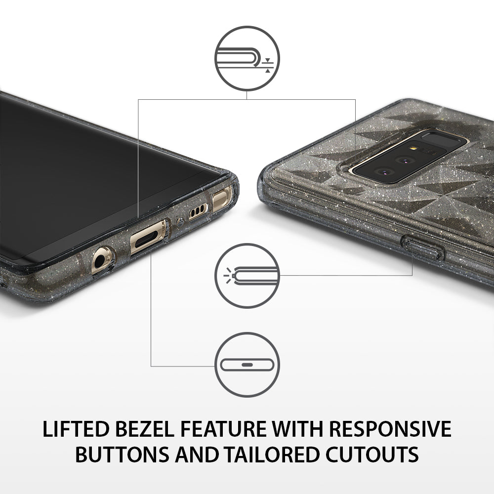 Galaxy Note 8 Case | Air Prism Glitter - Close-up of glitter phone case showing lifted bezels, button responsiveness, and port cutouts.