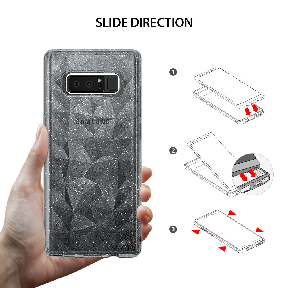 Galaxy Note 8 Case | Air Prism Glitter - Hand holding a glittery gray phone case with a three-step installation guide.