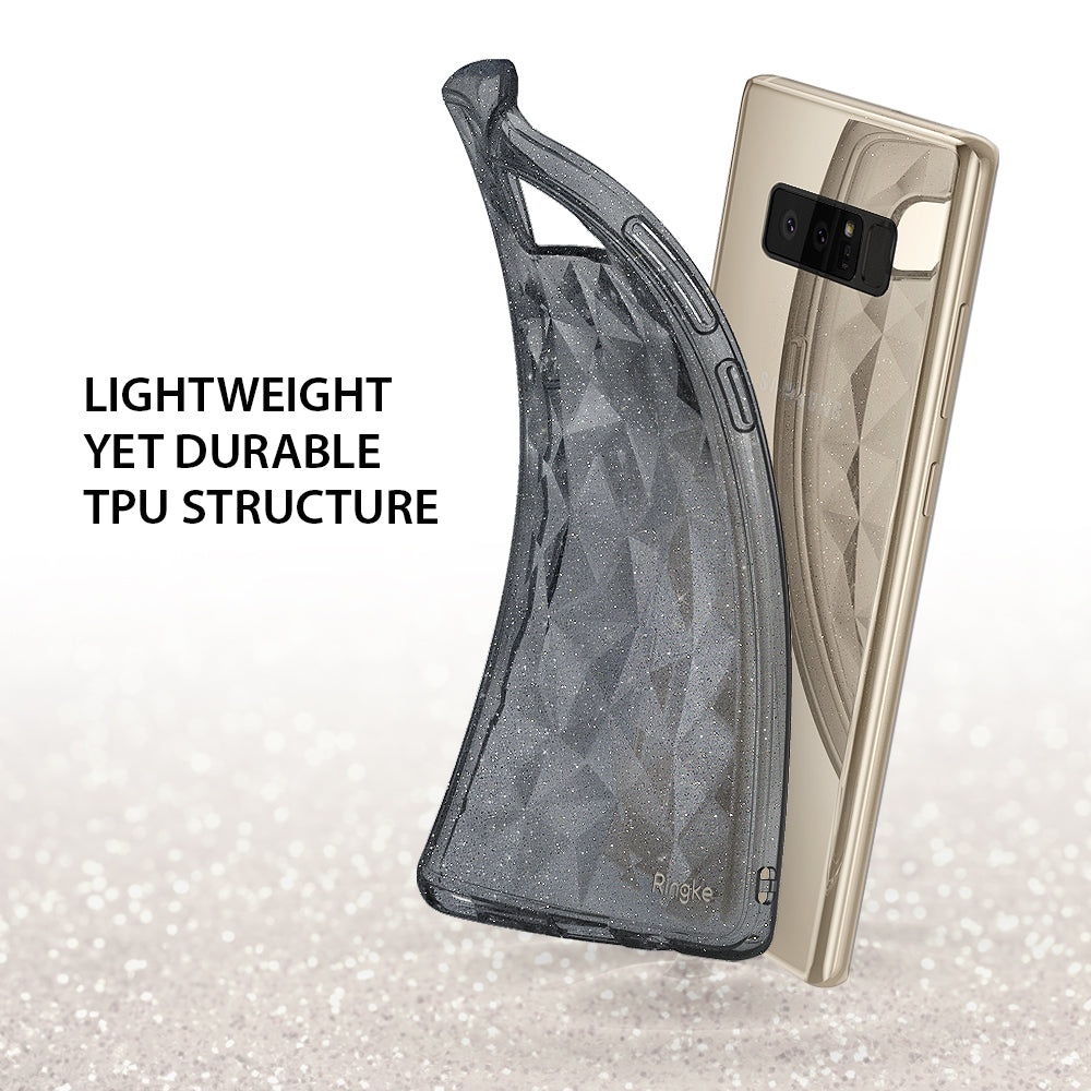 Galaxy Note 8 Case | Air Prism Glitter - A flexible, glittery gray TPU case peeling away from a gold Galaxy Note 8.