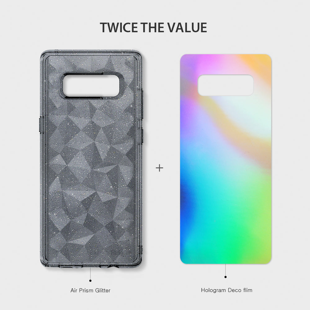 Galaxy Note 8 Case | Air Prism Glitter - A gray glittery geometric phone case next to a vibrant holographic film insert.