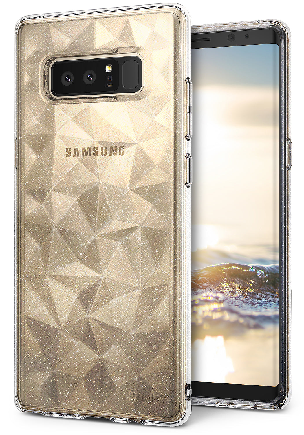 Galaxy Note 8 Case | Air Prism Glitter - Clear phone case with a gold geometric prism pattern and glitter finish.